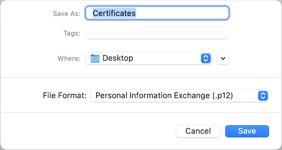 Screenshot showing a p12 file being exported from Keychain Access